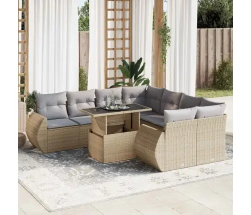 9-Daļīgs Dārza Dīvānu Komplekts, Matrači, Bēša Pe Rotangpalma Vidaxl