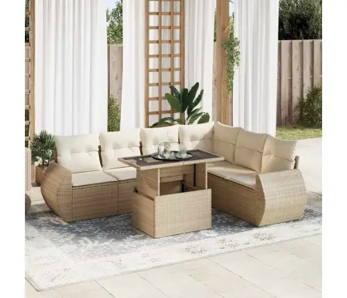 7-Daļīgs Dārza Dīvāna Komplekts, Matrači, Bēša Pe Rotangpalma Vidaxl