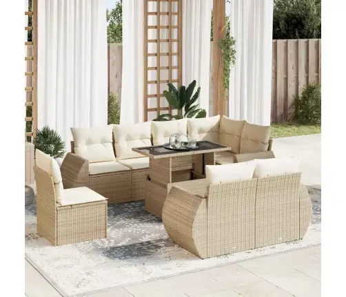 9-Daļīgs Dārza Dīvānu Komplekts, Matrači, Bēša Pe Rotangpalma Vidaxl