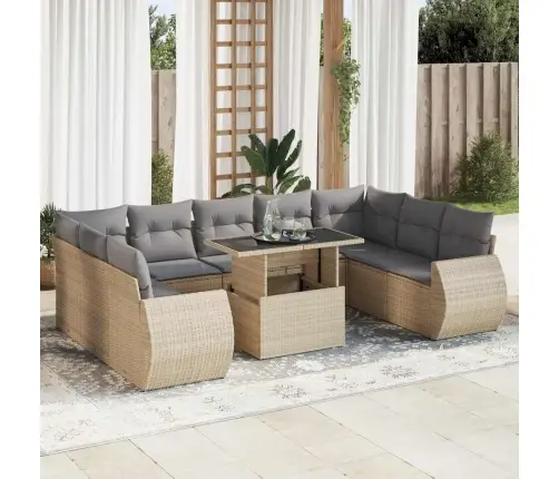 10-Daļīgs Dārza Dīvāna Komplekts, Matrači, Bēša Pe Rotangpalma Vidaxl