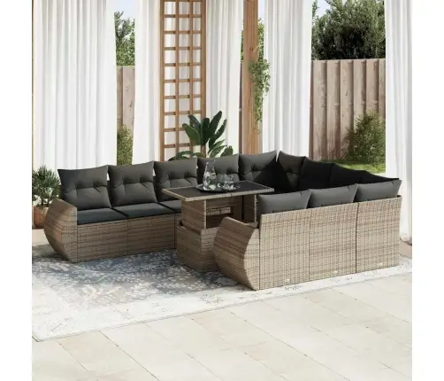 11-Daļīgs Dārza Dīvāna Komplekts Ar Matračiem, Pelēks Pe Pinums Vidaxl