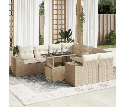 9-Daļīgs Dārza Dīvānu Komplekts, Matrači, Bēša Pe Rotangpalma Vidaxl