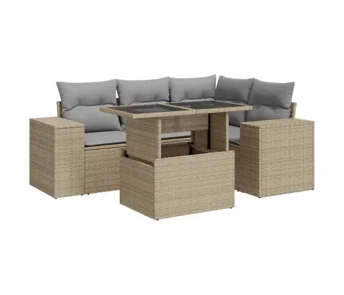 Sofos Komplektas Su Pagalvėlėmis, 5 Dalių, Smėlio, Poliratanas