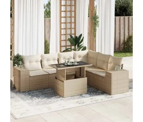 7-Daļīgs Dārza Dīvāna Komplekts, Matrači, Bēša Pe Rotangpalma Vidaxl