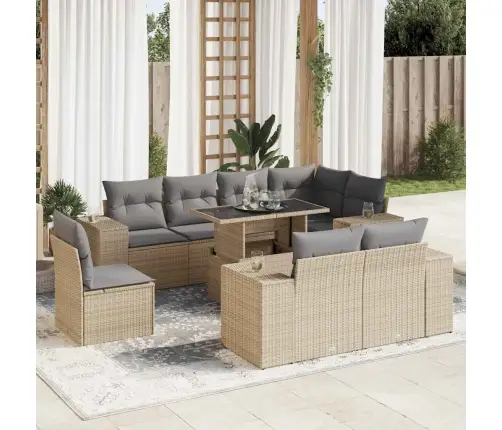 9-Daļīgs Dārza Dīvānu Komplekts, Matrači, Bēša Pe Rotangpalma Vidaxl