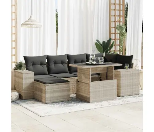 7-Daļīgs Dārza Dīvāna Komplekts,Matrači, Gaiši Pelēka Pe Pinums Vidaxl