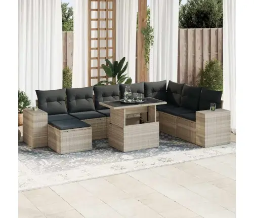 9-Daļīgs Dārza Dīvāna Komplekts,Matrači, Gaiši Pelēka Pe Pinums Vidaxl