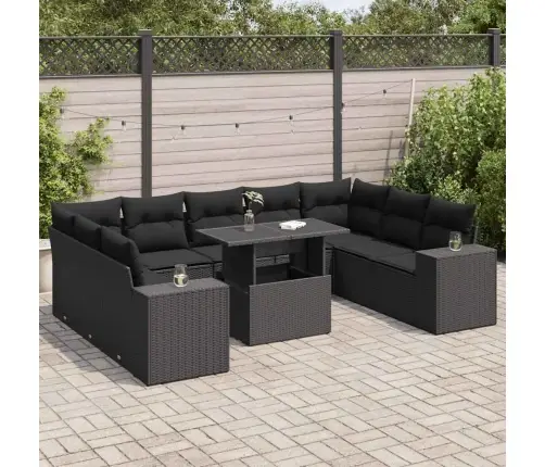 10-Daļīgs Dārza Dīvāna Komplekts, Matrači, Melna Pe Rotangpalma Vidaxl