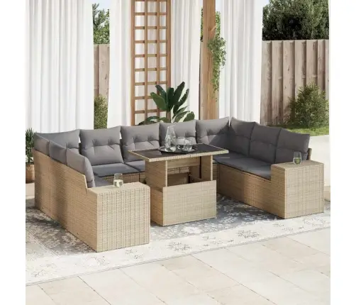 10-Daļīgs Dārza Dīvāna Komplekts, Matrači, Bēša Pe Rotangpalma Vidaxl