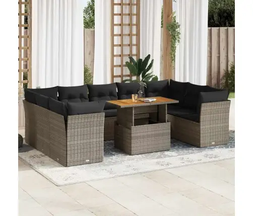 10-Daļīgs Dārza Dīvāna Komplekts Ar Matračiem, Pelēks Pe Pinums Vidaxl