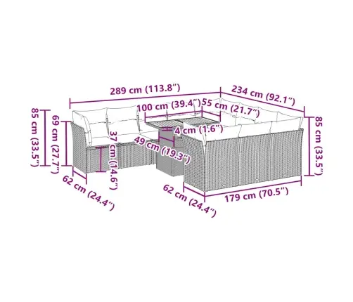 11-Daļīgs Dārza Dīvāna Komplekts Ar Matračiem, Pelēks Pe Pinums Vidaxl