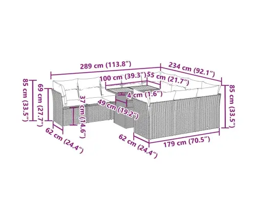 11-Daļīgs Dārza Dīvāna Komplekts Ar Matračiem, Pelēks Pe Pinums Vidaxl