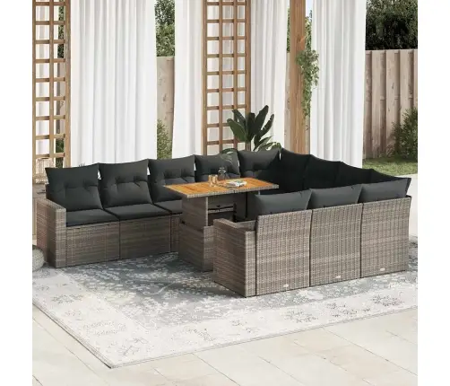 11-Daļīgs Dārza Dīvāna Komplekts Ar Matračiem, Pelēks Pe Pinums Vidaxl