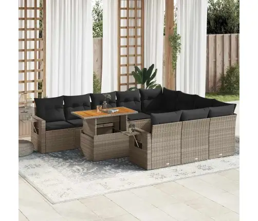 11-Daļīgs Dārza Dīvāna Komplekts Ar Matračiem, Pelēks Pe Pinums Vidaxl