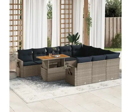 11-Daļīgs Dārza Dīvāna Komplekts Ar Matračiem, Pelēks Pe Pinums Vidaxl