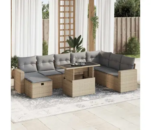 9-Daļīgs Dārza Dīvānu Komplekts, Matrači, Bēša Pe Rotangpalma Vidaxl