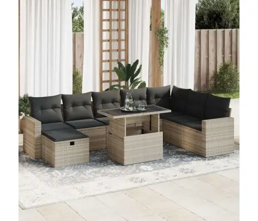 9-Daļīgs Dārza Dīvāna Komplekts,Matrači, Gaiši Pelēka Pe Pinums Vidaxl