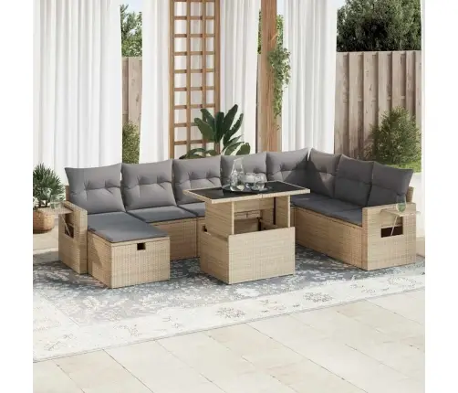 9-Daļīgs Dārza Dīvānu Komplekts, Matrači, Bēša Pe Rotangpalma Vidaxl