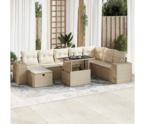 9-Daļīgs Dārza Dīvānu Komplekts, Matrači, Bēša Pe Rotangpalma Vidaxl