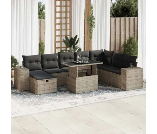 9-Daļīgs Dārza Dīvāna Komplekts Ar Matračiem, Pelēks Pe Pinums Vidaxl