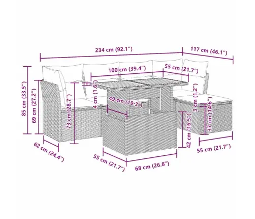 6-Osaline Aiadiivani Komplekt Patjadega, Hall, Rotang/Akaatsia