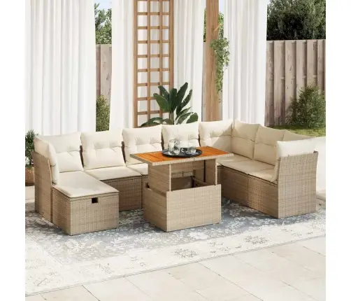 9-Daļīgs Dārza Dīvānu Komplekts, Matrači, Bēša Pe Rotangpalma Vidaxl