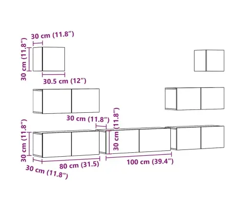7Daļu Tv Skapja Komplekts Pie Sienas Stiprināms Amatnieka Ozola Vidaxl