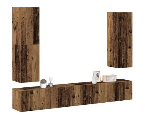 4-Daļīgs Tv Skapja Komplekts, Sienai Stiprināms, Veca Koka Vidaxl