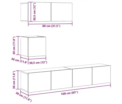 4-Daļīgs Tv Skapja Komplekts, Sienai Stiprināms, Veca Koka Vidaxl