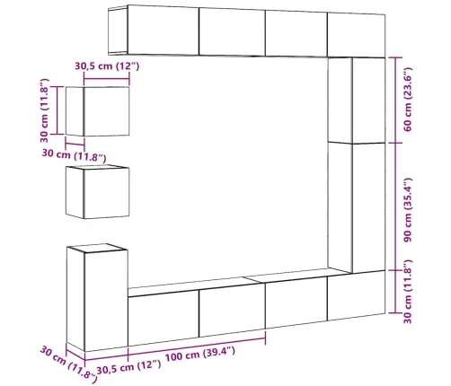 9-Daļīgs Tv Skapja Komplekts, Sienai Stiprināms, Veca Koka Vidaxl