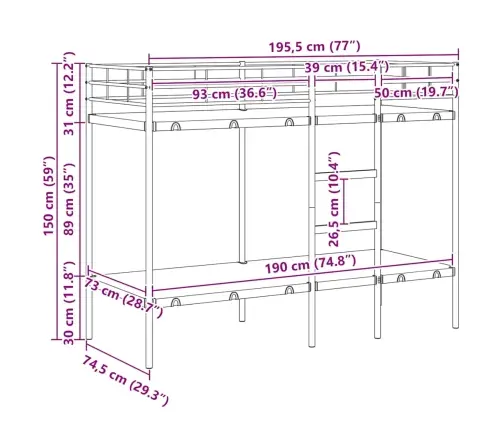 Divstāvu Gulta Bez Matrača Melns 75X190 Cm Tērauds Vidaxl