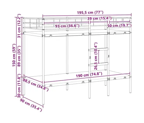 Divstāvu Gulta Bez Matrača Melns 90X190 Cm Tērauds Vidaxl