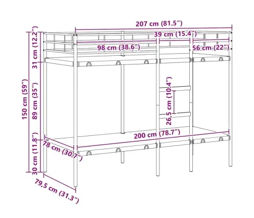 Divstāvu Gulta Bez Matrača Balts 80X200 Cm Tērauds Vidaxl
