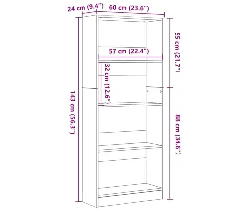 Grāmatu Plaukts Melns Ozols 60 X 24 X 143 Cm Inženierijas Koks Vidaxl