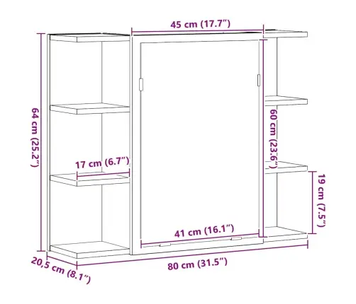 Veidrodžio Spinta Su Lentyna Juodas Ąžuolas 80 X 20,5 X 64 Cm