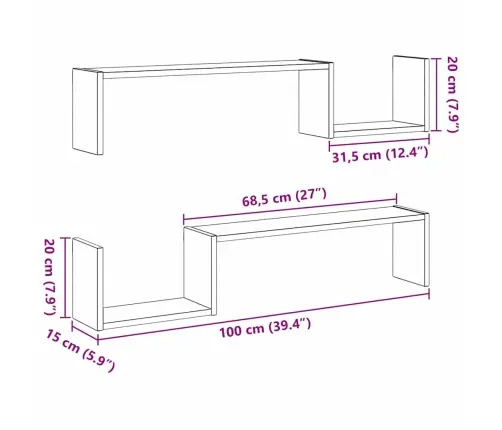Sienas Plaukts 2 Gabali Melns Ozols 100X15X70 Cm Inženierijas Koks Vidaxl