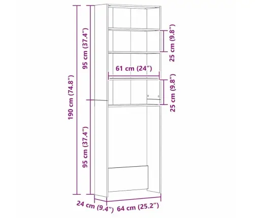 Veļas Mašīnas Skapītis Melns Ozols 64X24X190 Cm Inženierijas Koks Vidaxl