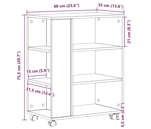 Ritošais Skapītis Melnā Ozolā 60X35X75 Cm No Inženierijas Koka Vidaxl