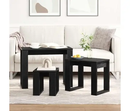 Sustūmiami Staliukai 3 Pcs Juodas Ąžuolas Apdirbta Mediena