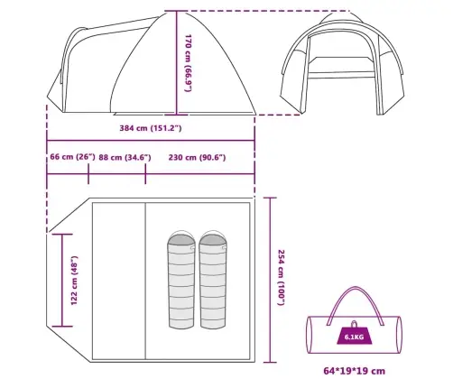 Kupola Telts Ar Jumtu Ar Uzglabāšanu Ar Gaisa Ventilāciju Zila 384 X 254 X 170 Cm Vidaxl