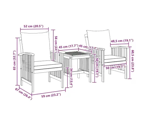 3 Gabalu Dārza Atpūtas Komplekts Ar Spilveniem - Cieta Akācijas Koks Vidaxl