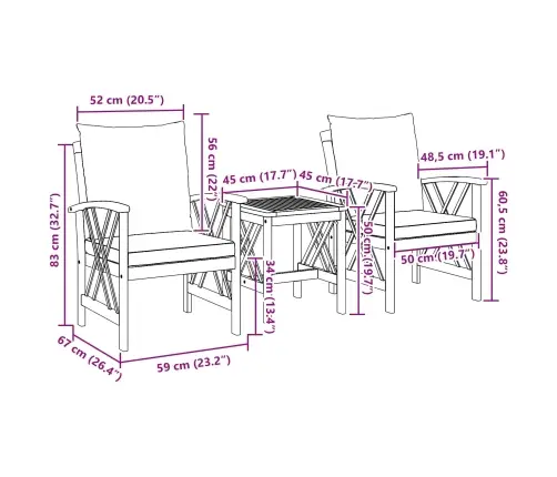 3 Daļu Dārza Atpūtas Komplekts Ar Spilveniem Cietā Akācijas Koks Vidaxl