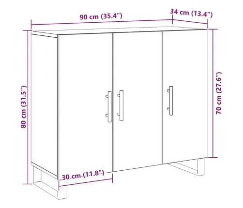 Bufete Ar 3 Durvīm Melns Ozols 90X34X80 Cm Inženierijas Koks Vidaxl