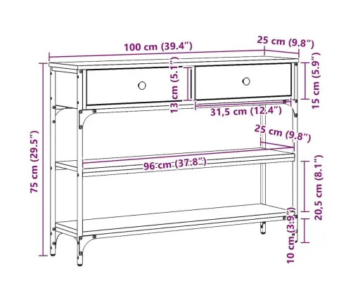 Konsoles Galds Amatnieku Ozols 100X25X75 Cm Inženierijas Koks & Tērauds Vidaxl