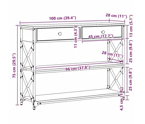 Konsoles Galds No Vecās Koksnes 100X28X75 Cm No Inženierijas Koka Un Tērauda Vidaxl
