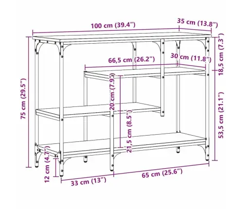Konsoles Galds Melns Ozols 100X35X75 Cm Inženierijas Koks Un Tērauds Vidaxl