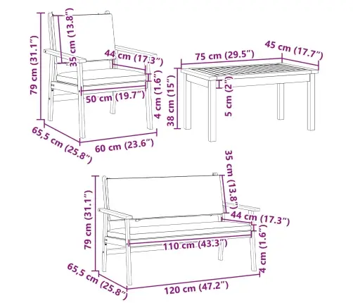 5 Daļu Dārza Dīvānu Komplekts Ar Spilveniem No Cietā Akācijas Koka Vidaxl