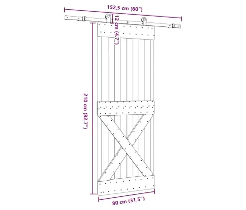 Bīdāmās Durvis Ar Stiprinājumiem, 80X210 Cm, Priedes Masīvkoks Vidaxl