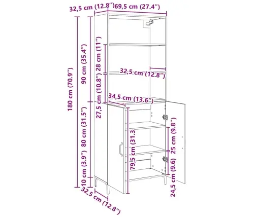 Puse Melns Ozols 69.5 X 32.5 X 180 Cm Inženierijas Koks Vidaxl