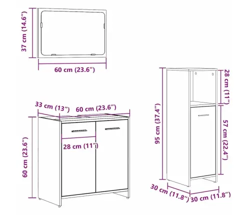 Vannitoamööbli Komplekt Uksega 3 Pcs Must Tamm 60 X 33 X 60 Cm